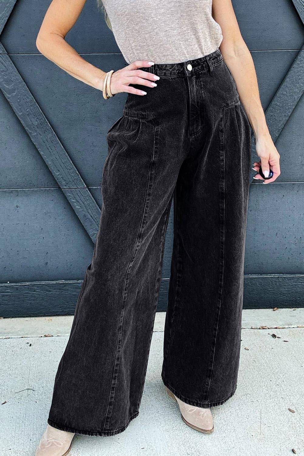 Main Dark Grey Pleated Wide Leg Mineral Wash Denim Pants image