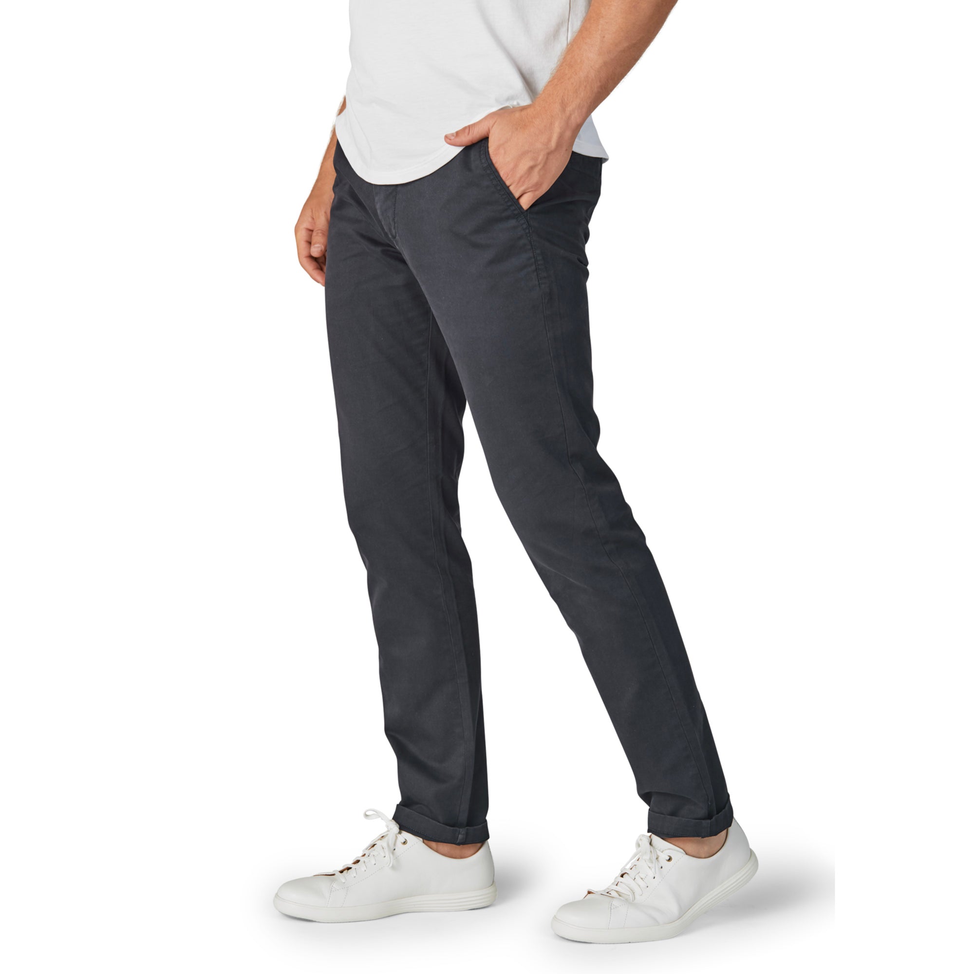 Feel Good Chinos in Ink Blue showcasing a slim tapered fit and breathable fabric, perfect for active lifestyles.
