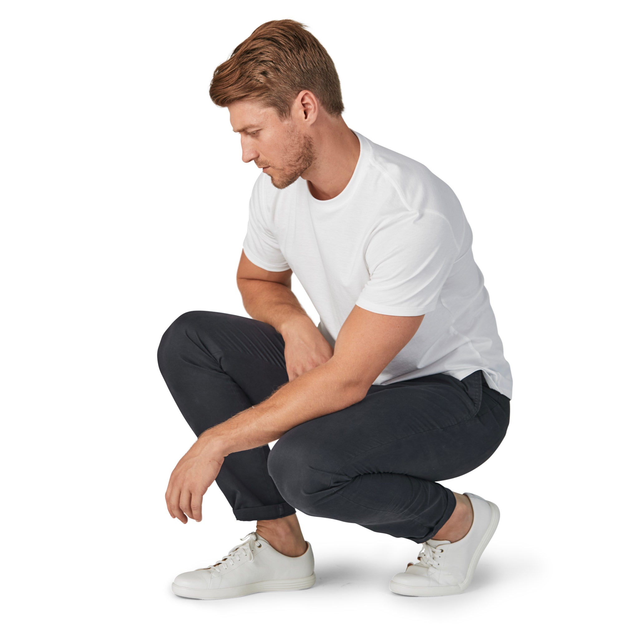 Feel Good Chinos in Ink Blue showcasing a slim tapered fit and breathable fabric, perfect for active lifestyles.