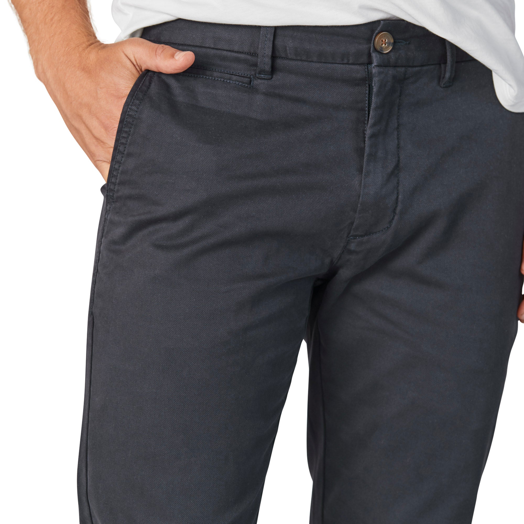 Feel Good Chinos in Ink Blue showcasing a slim tapered fit and breathable fabric, perfect for active lifestyles.