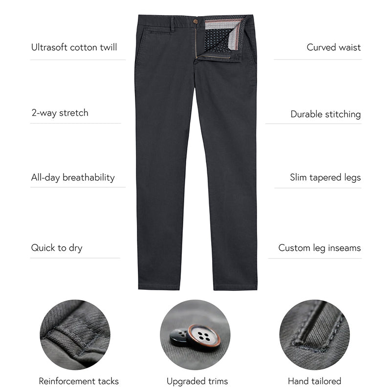 Feel Good Chinos in Ink Blue showcasing a slim tapered fit and breathable fabric, perfect for active lifestyles.