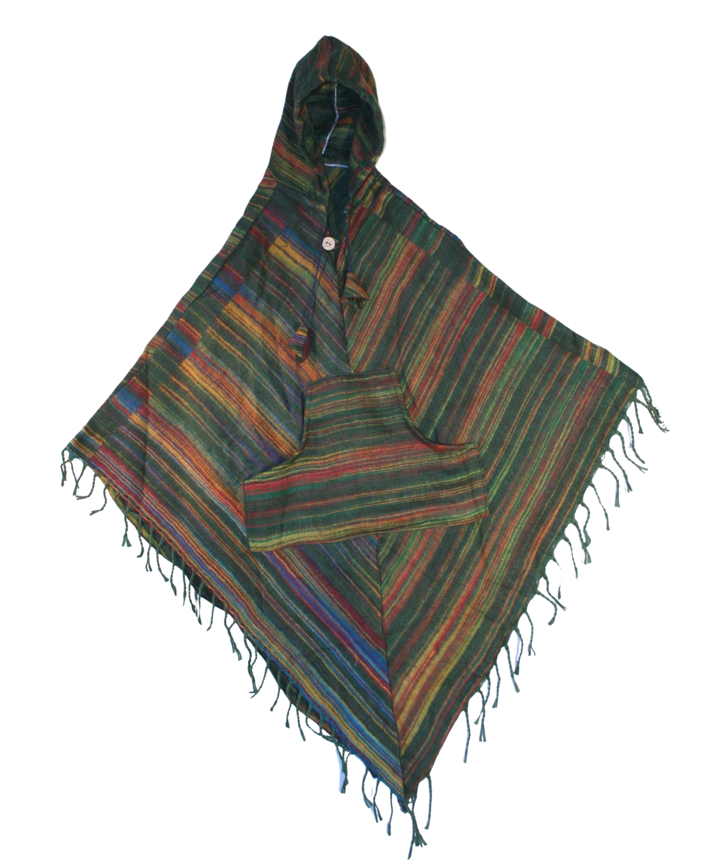 Forest Green Red Blue Stripe Woollen Poncho with front pockets and hood, showcasing its stylish design and cozy fabric.