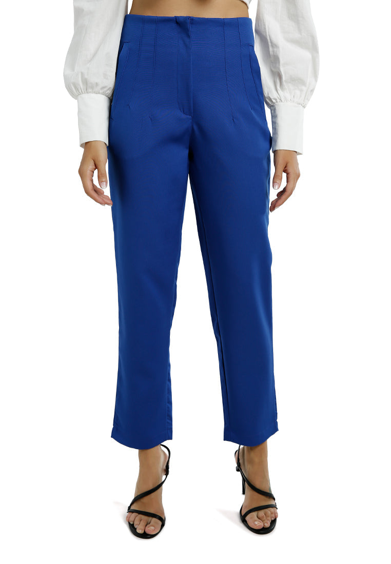 High waist semi casual trousers featuring pin tuck darts and two side pockets, perfect for work and casual outings.