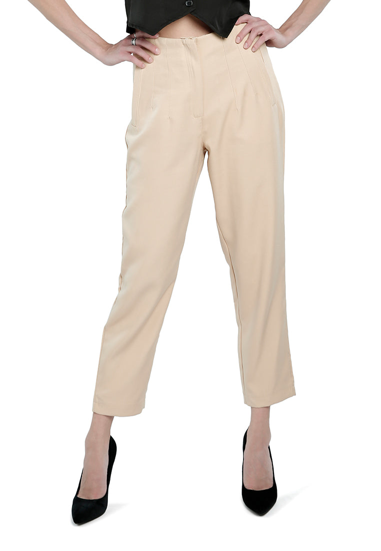 High waist semi casual trousers featuring pin tuck darts and two side pockets, perfect for work and casual outings.
