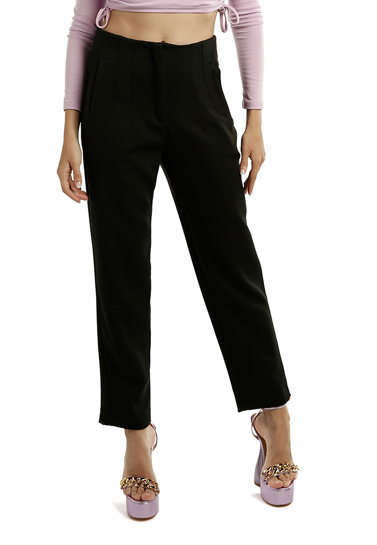 High waist semi casual trousers featuring pin tuck darts and two side pockets, perfect for work and casual outings.