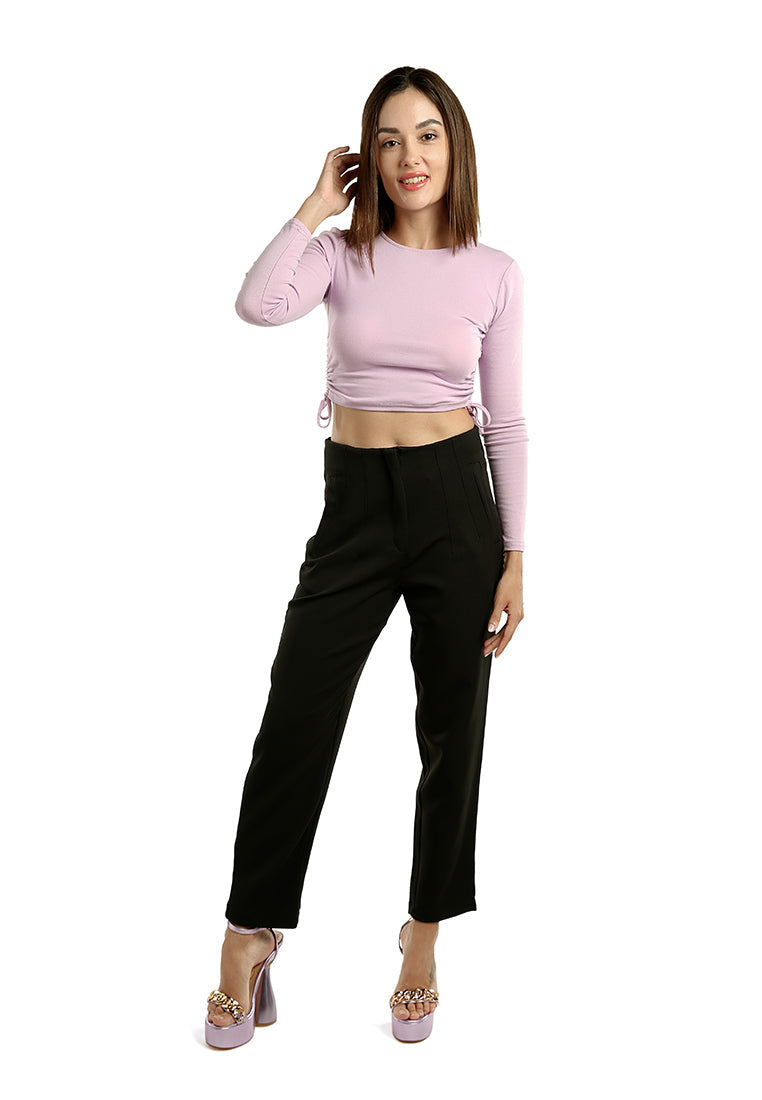 High waist semi casual trousers featuring pin tuck darts and two side pockets, perfect for work and casual outings.