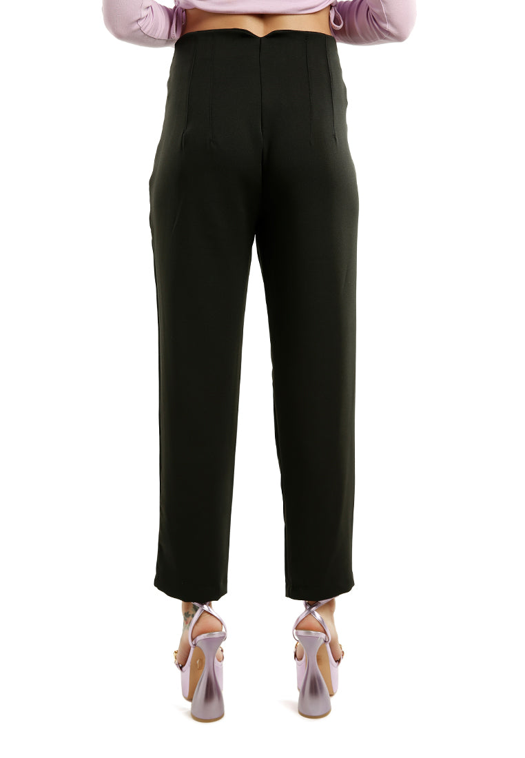 High waist semi casual trousers featuring pin tuck darts and two side pockets, perfect for work and casual outings.