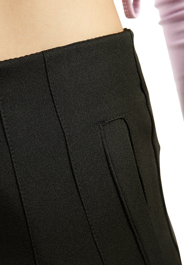 High waist semi casual trousers featuring pin tuck darts and two side pockets, perfect for work and casual outings.