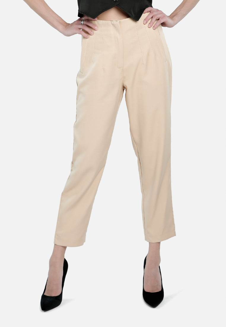 High waist semi casual trousers featuring pin tuck darts and two side pockets, perfect for work and casual outings.