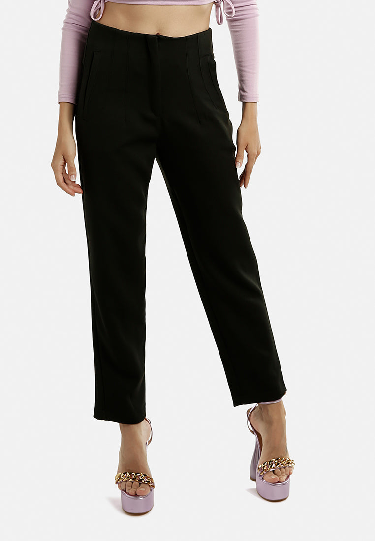High waist semi casual trousers featuring pin tuck darts and two side pockets, perfect for work and casual outings.