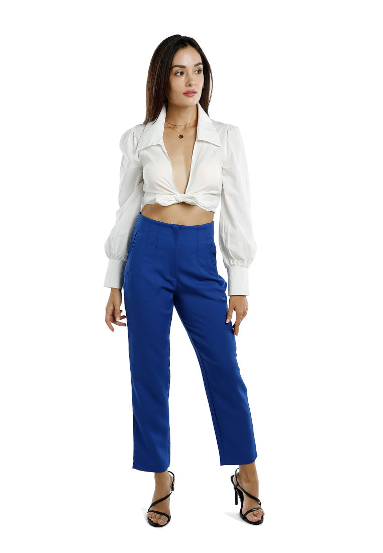 High waist semi casual trousers featuring pin tuck darts and two side pockets, perfect for work and casual outings.