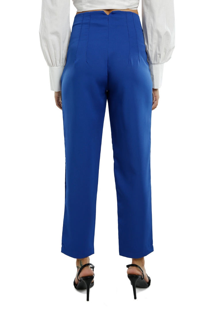 High waist semi casual trousers featuring pin tuck darts and two side pockets, perfect for work and casual outings.