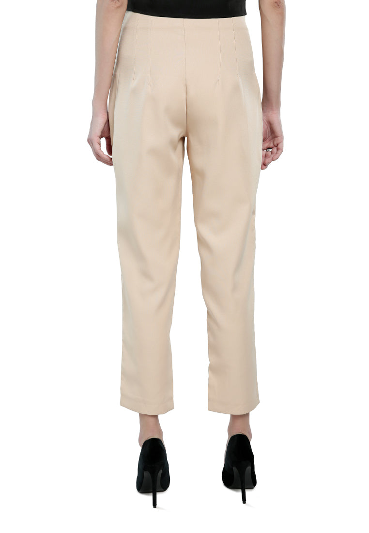 High waist semi casual trousers featuring pin tuck darts and two side pockets, perfect for work and casual outings.