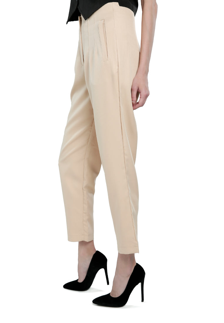 High waist semi casual trousers featuring pin tuck darts and two side pockets, perfect for work and casual outings.