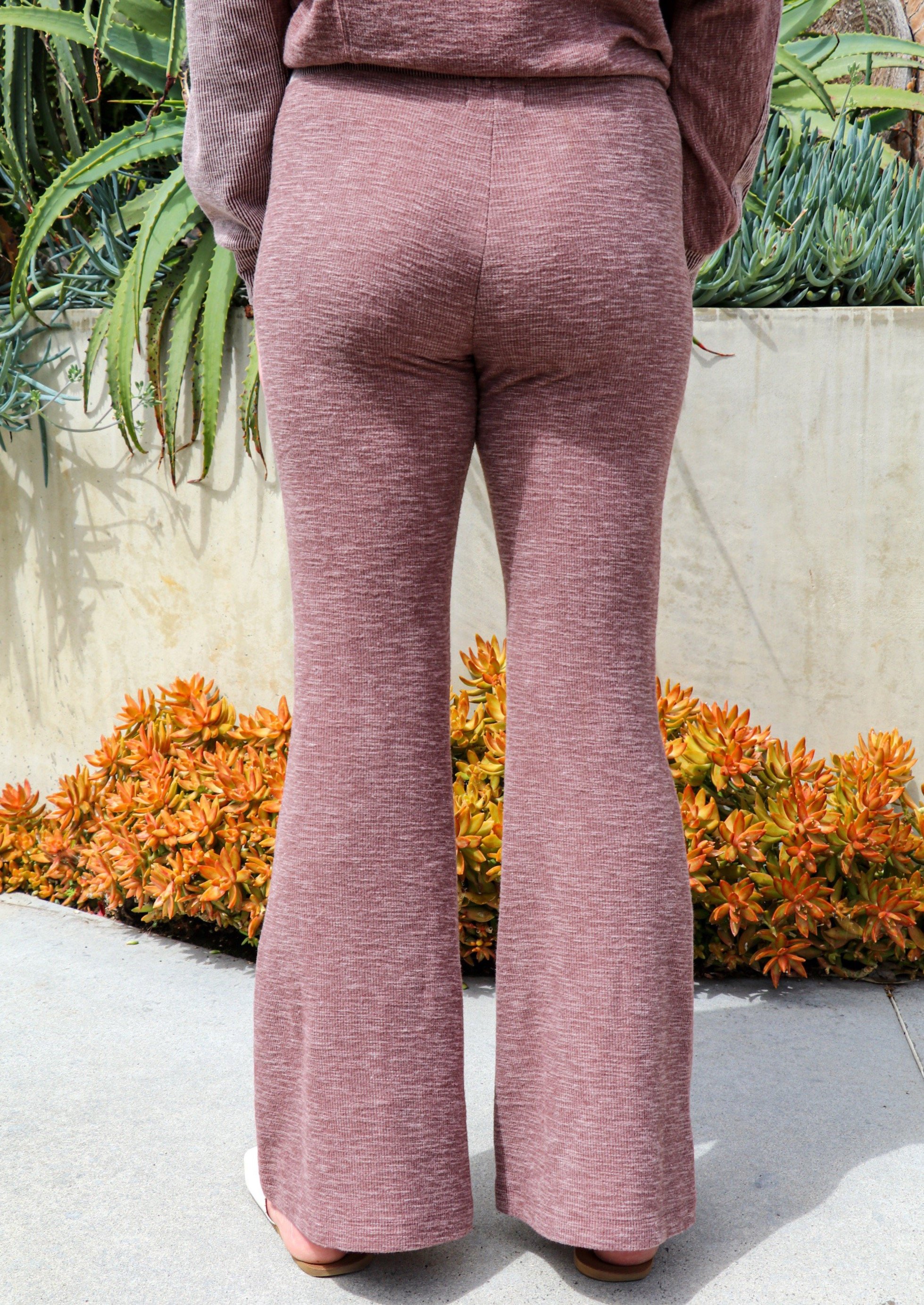 Morgan Flared Pants in ultra-soft brushed rib fabric with contrast rib waistband detail, showcasing a stylish flared design.