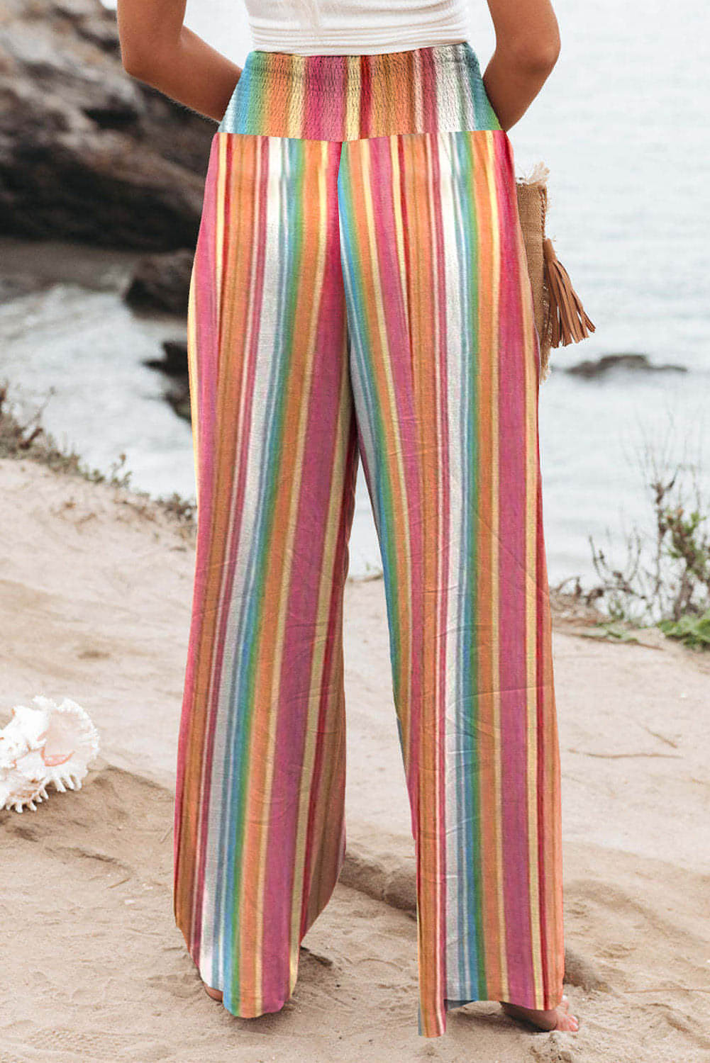 Main Multicolor Striped Smocked High Waist Wide Leg Pants image