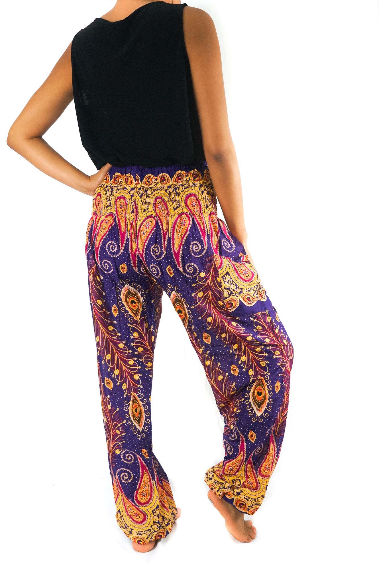 New Purple Peacock Boho Hippie Gypsy Pants showcasing vibrant colors and a comfortable fit, perfect for casual wear.