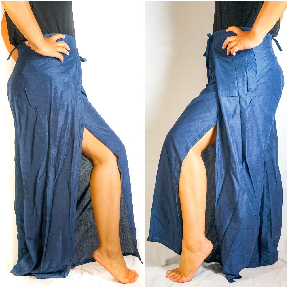 Solid Blue Palazzo Wrap Pants featuring a flowy design, ideal for boho and hippie styles, made from breathable rayon fabric.
