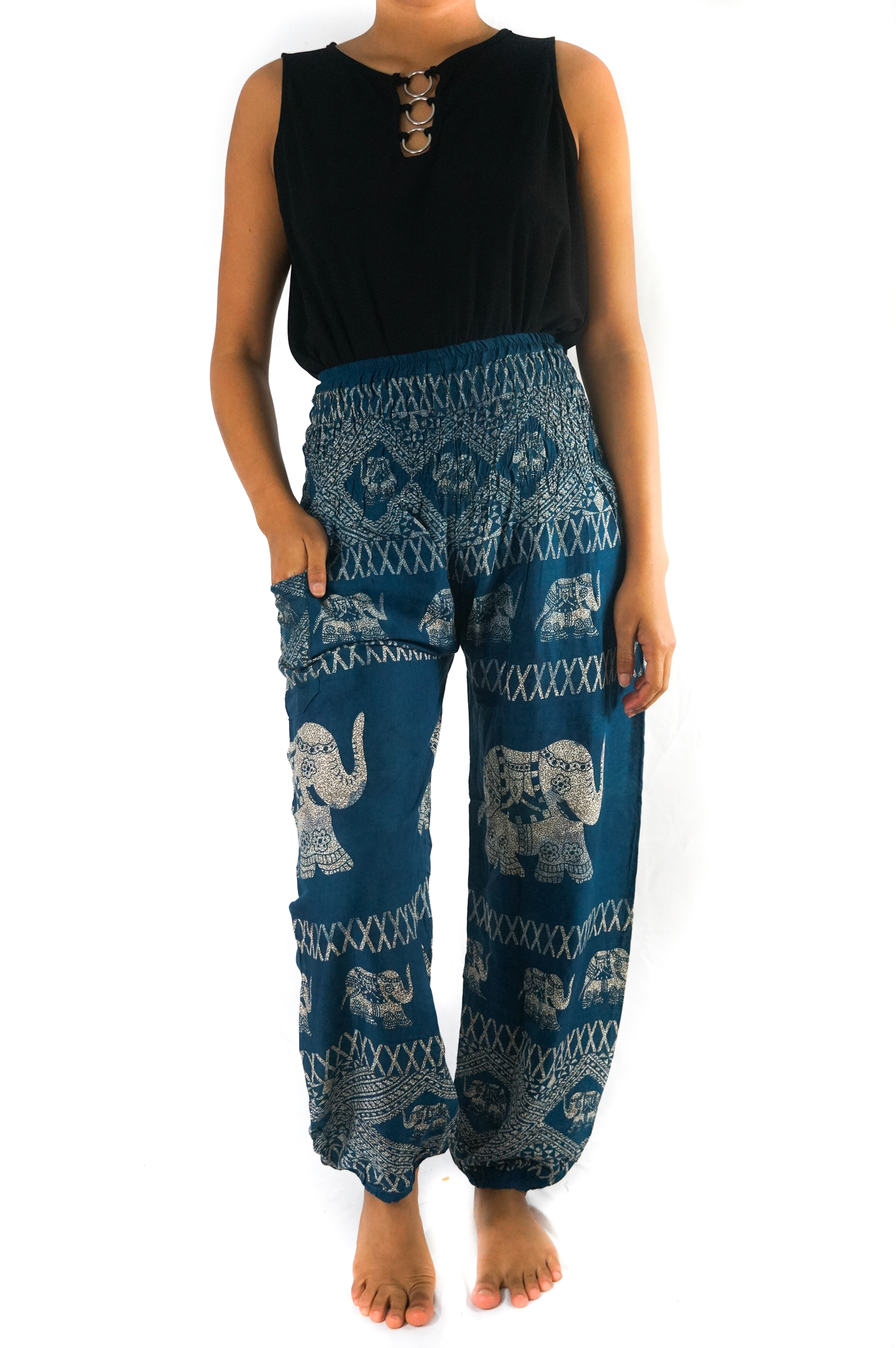 Teal Elephant Harem Pants for women, featuring a vibrant elephant pattern, elastic waist, and side pocket, made from breathable rayon fabric.