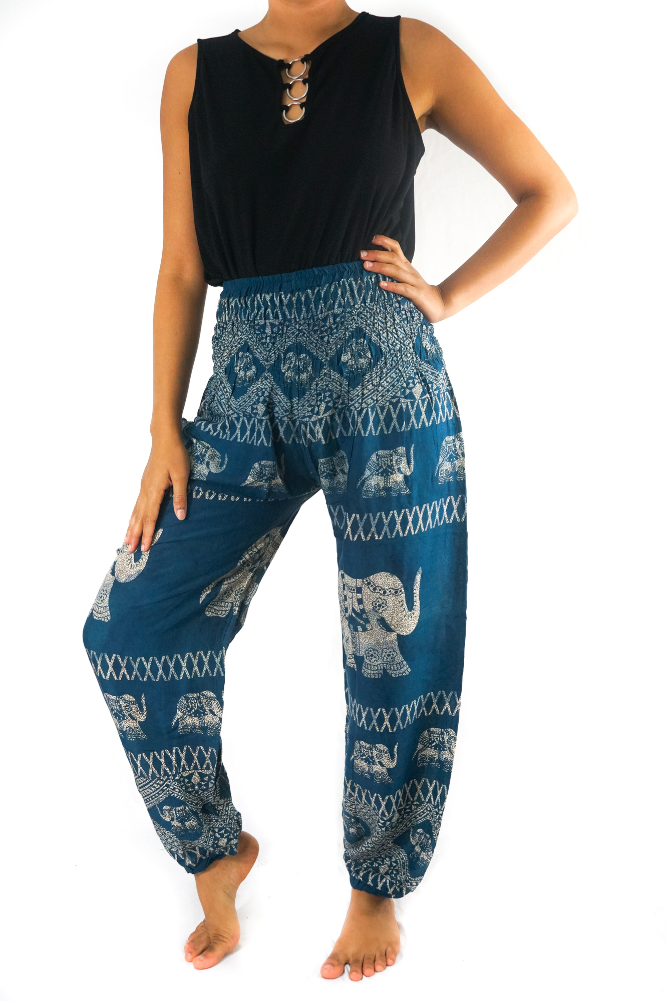 Teal Elephant Harem Pants for women, featuring a vibrant elephant pattern, elastic waist, and side pocket, made from breathable rayon fabric.