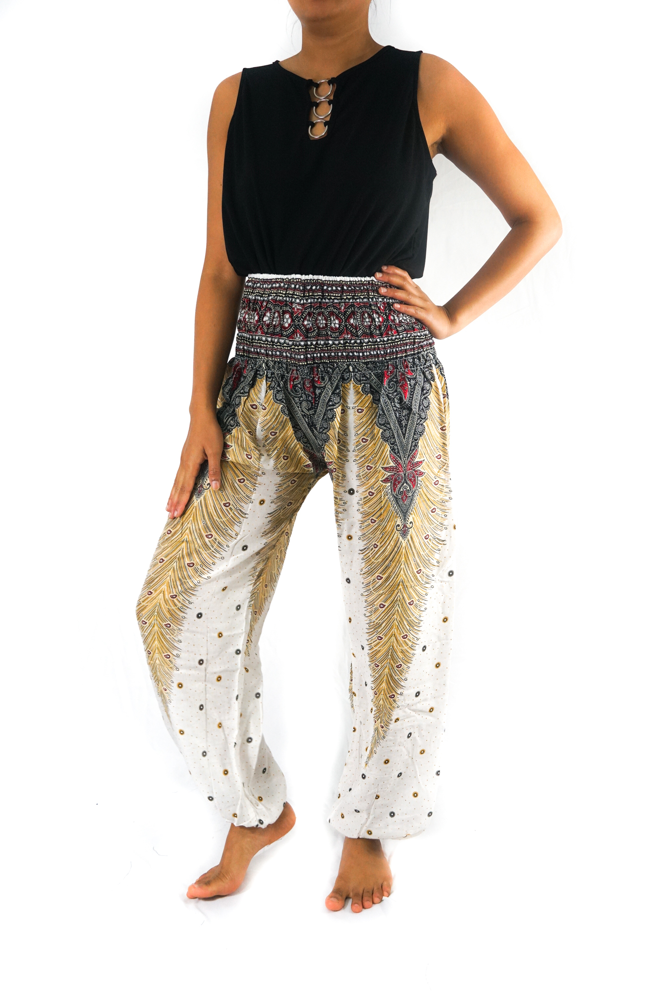 WHITE PEACOCK Women Boho Pants in vibrant patterns, showcasing elastic waist and ankle design, perfect for yoga and casual wear.