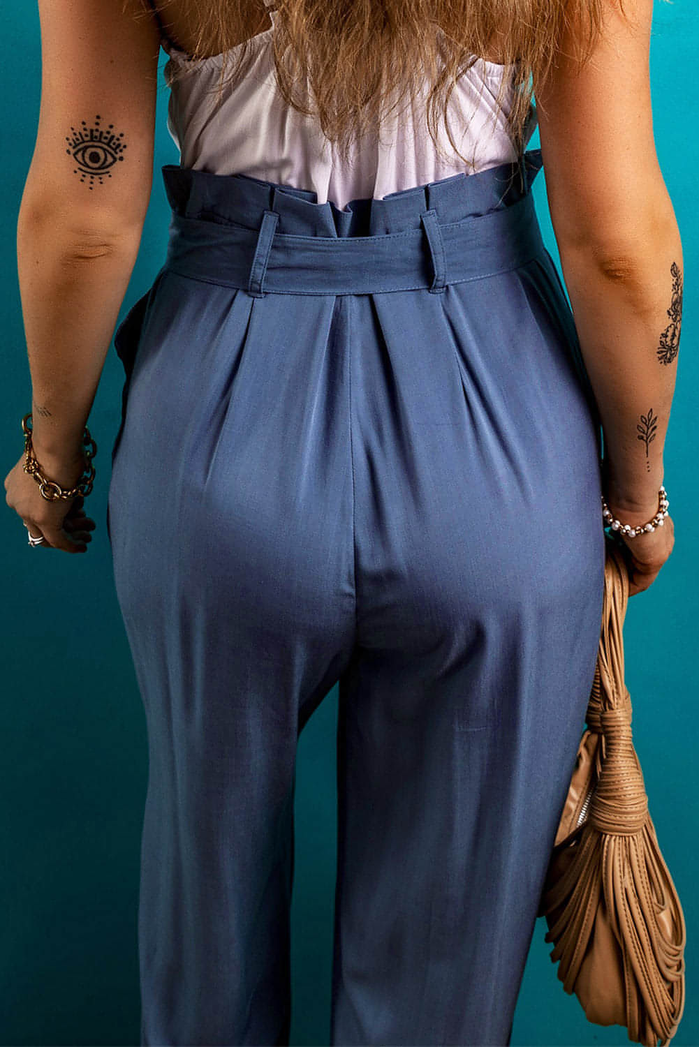 Wild Wind Belted Frilly Waist Wide Leg Loose Pants showcasing a stylish frilly waist and wide leg design, perfect for comfort and elegance.