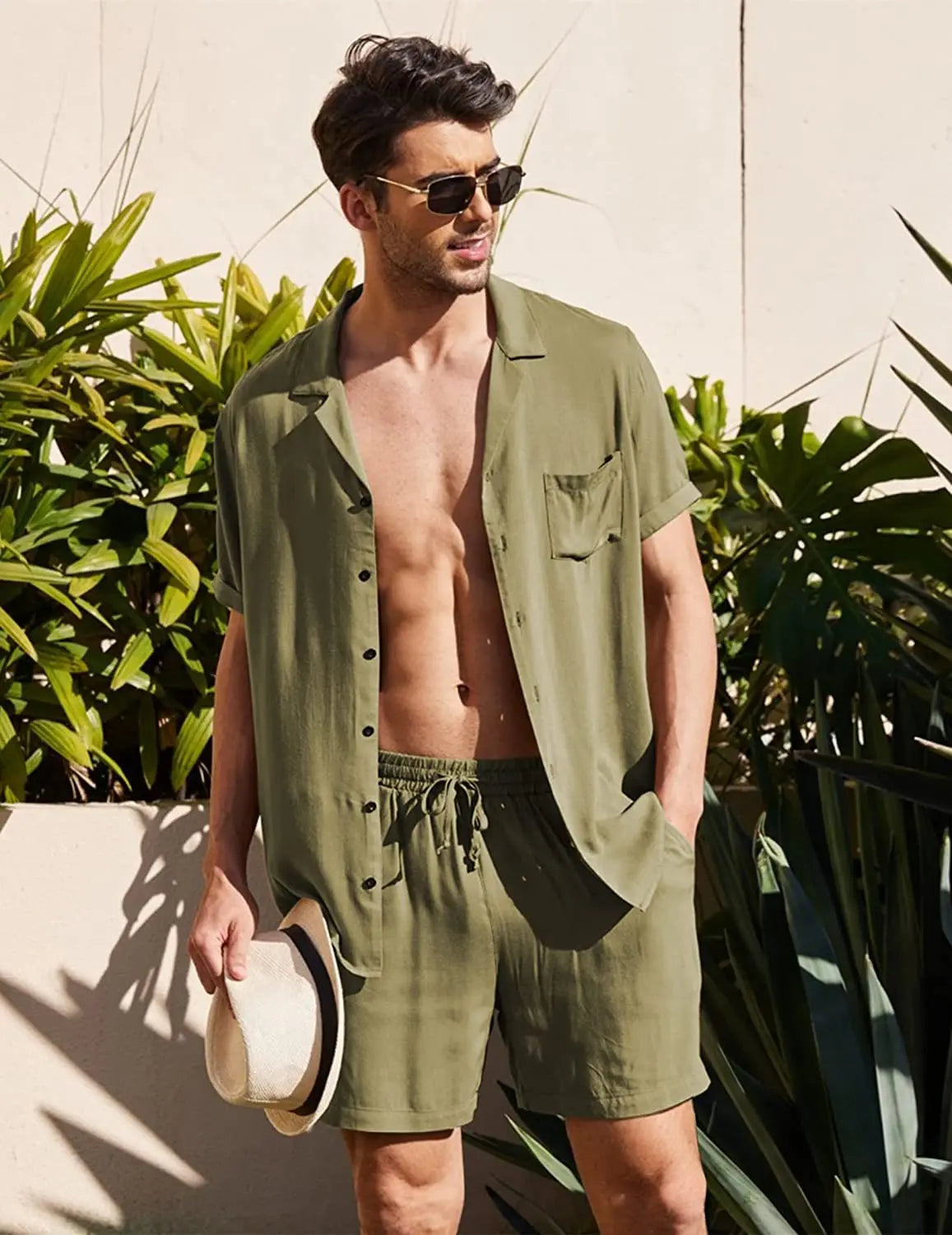 Men's summer swim set made of cotton linen, featuring a V-neck collar and elastic waist, perfect for beach outings.