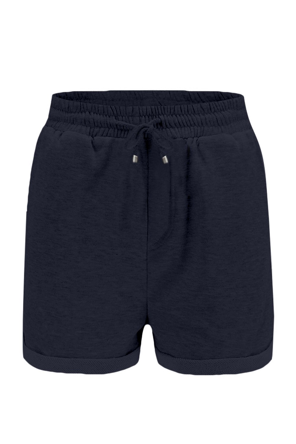 A pair of navy blue women's lounge shorts featuring a tie waist, cuffed hem, and side pockets, perfect for summer wear.