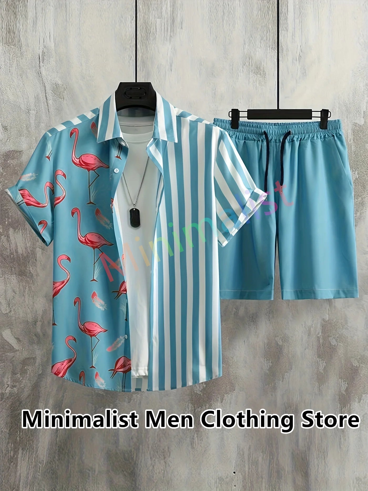 Men's beach shorts set featuring a stylish Hawaiian shirt and trendy strip print design, perfect for summer vacations.