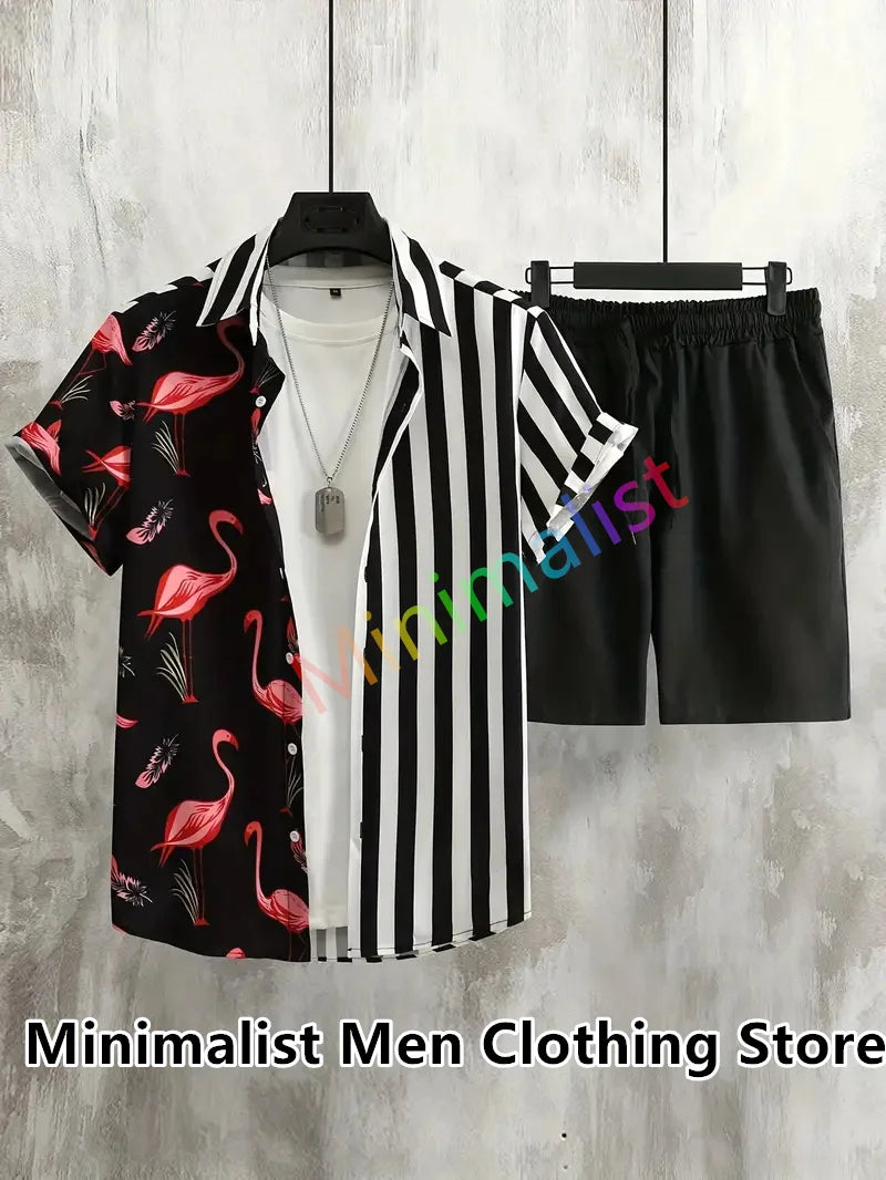 Men's beach shorts set featuring a stylish Hawaiian shirt and trendy strip print design, perfect for summer vacations.