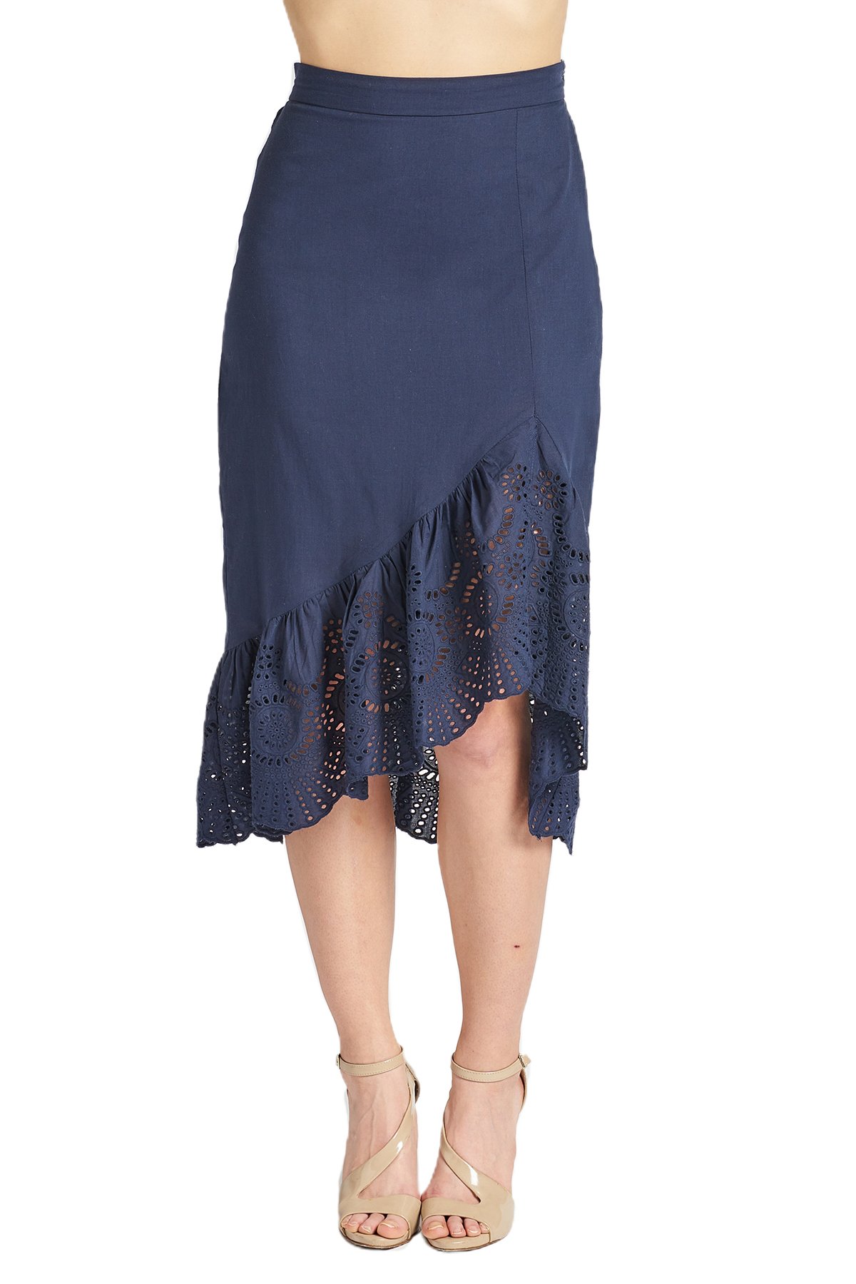 Aster Skirt in navy featuring cotton eyelet fabric, asymmetric hi-lo design, and scalloped ruffle hem, perfect for summer outings.