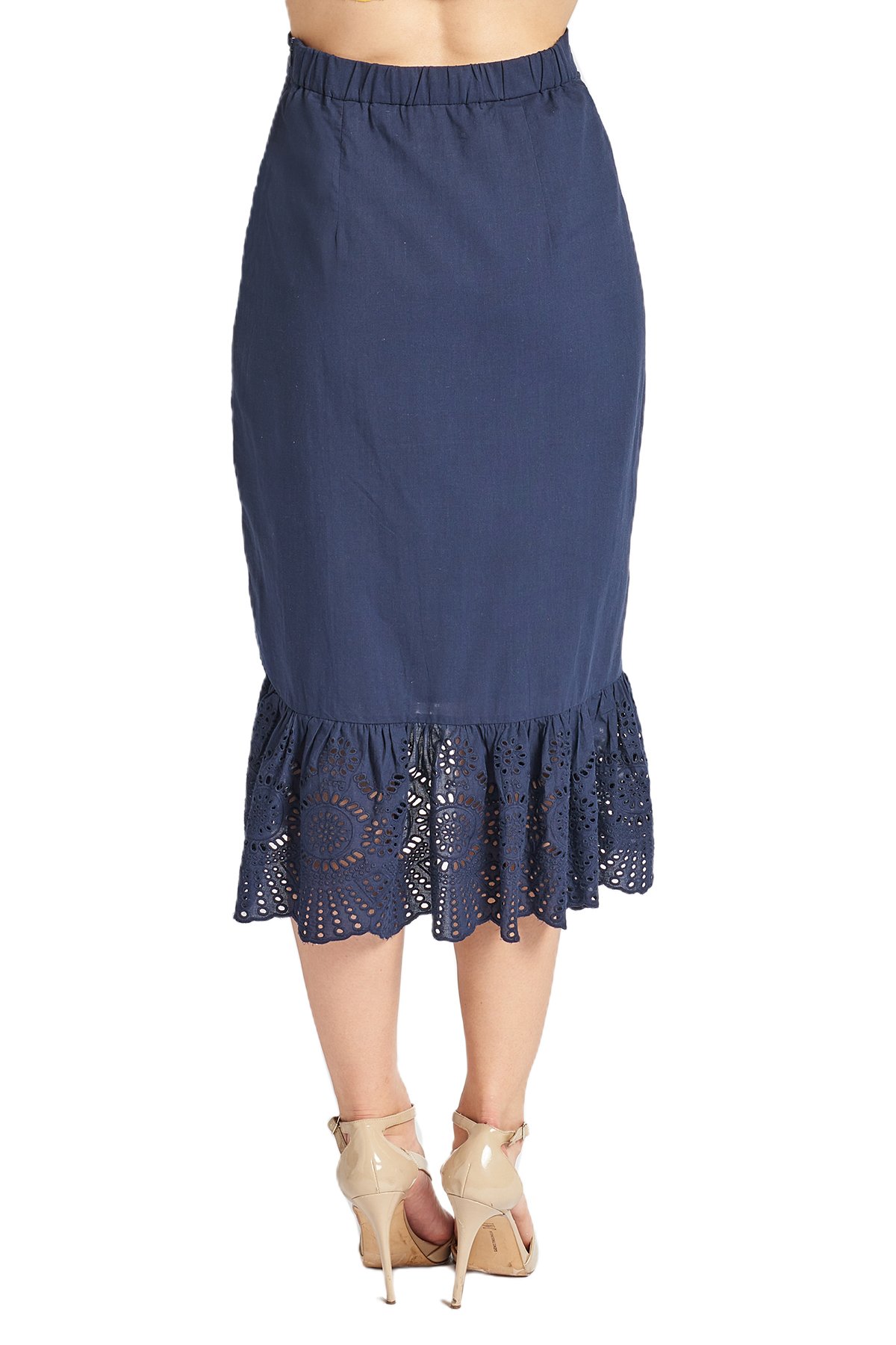 Aster Skirt in navy featuring cotton eyelet fabric, asymmetric hi-lo design, and scalloped ruffle hem, perfect for summer outings.