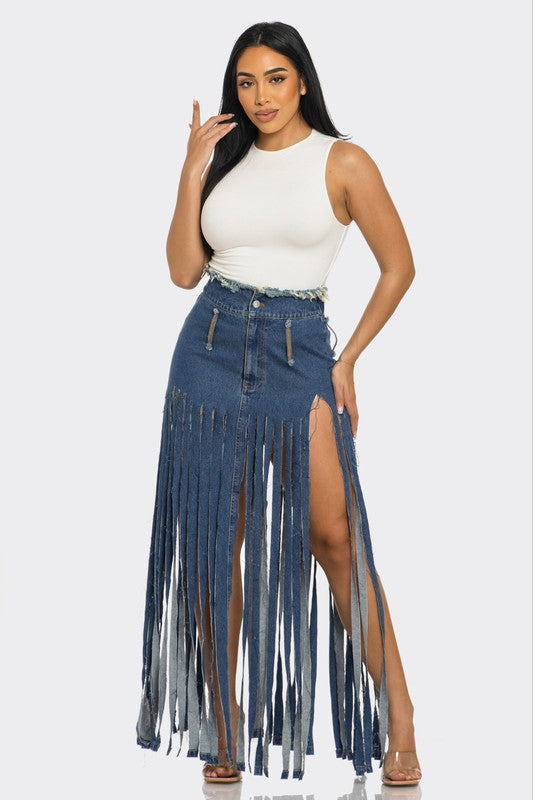 Main Bohemian Rhapsody Fringe Denim Skirt image