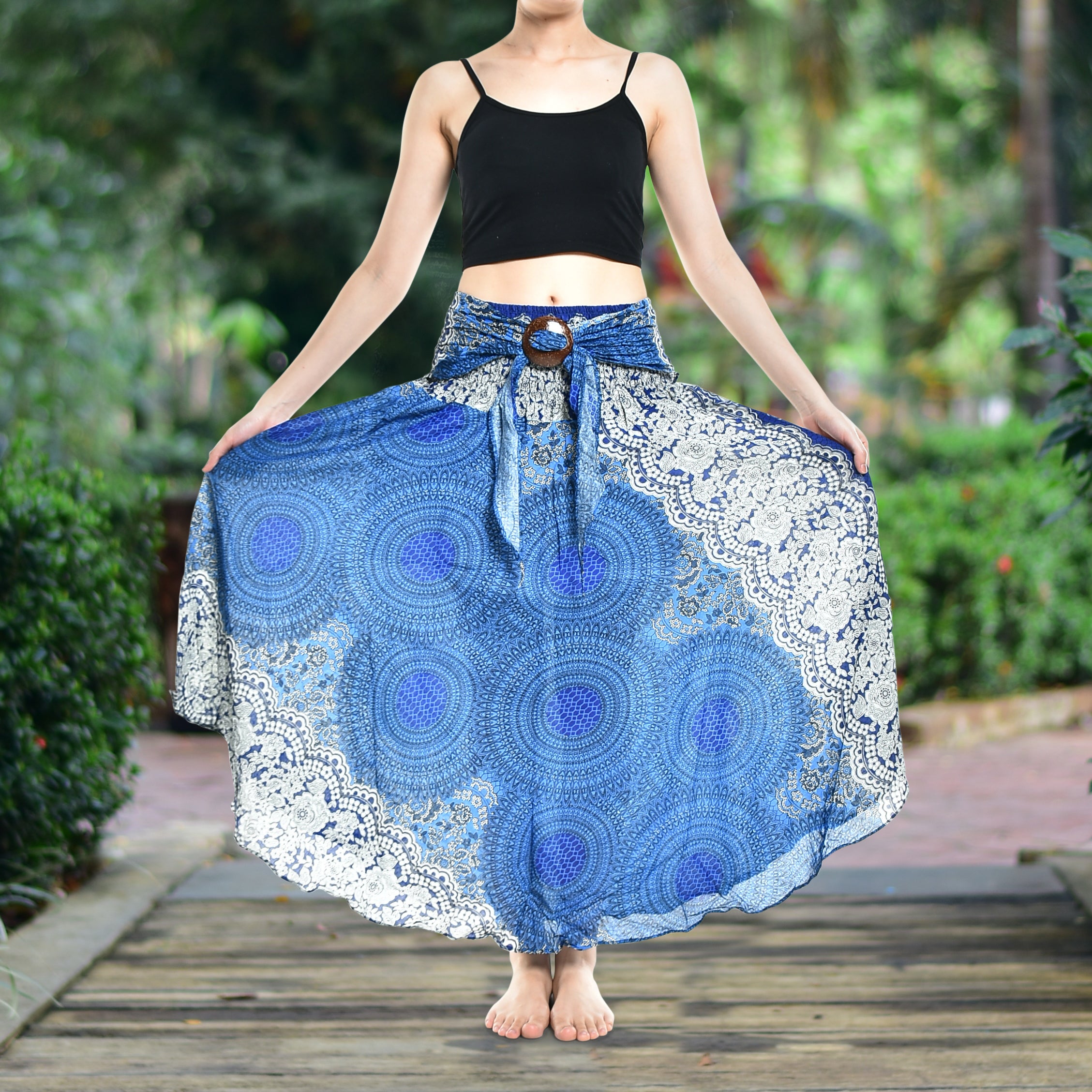 Bohotusk Blue Marble Long Skirt featuring a coconut buckle and elasticated smocked waist, styled as a strapless dress.