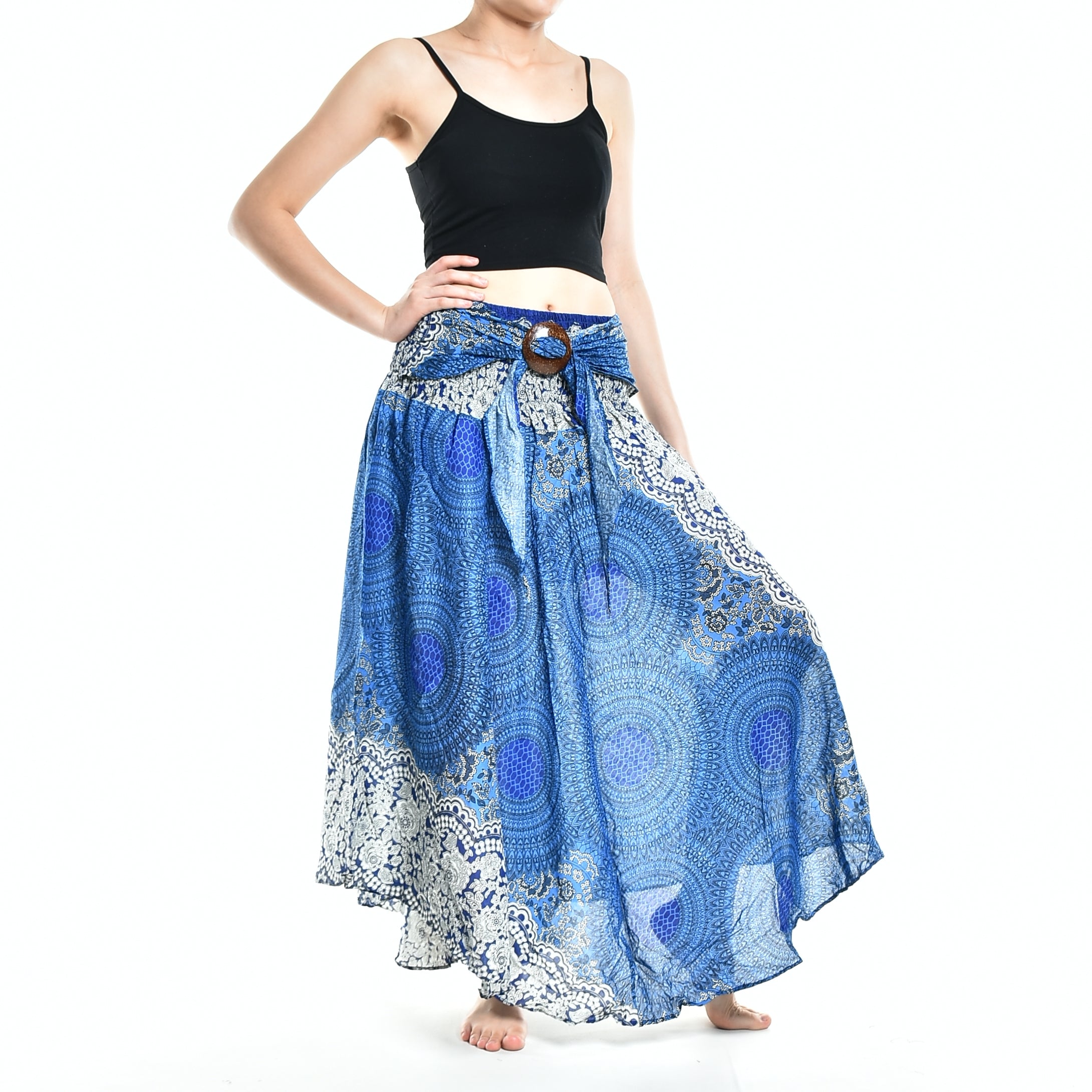 Bohotusk Blue Marble Long Skirt featuring a coconut buckle and elasticated smocked waist, styled as a strapless dress.