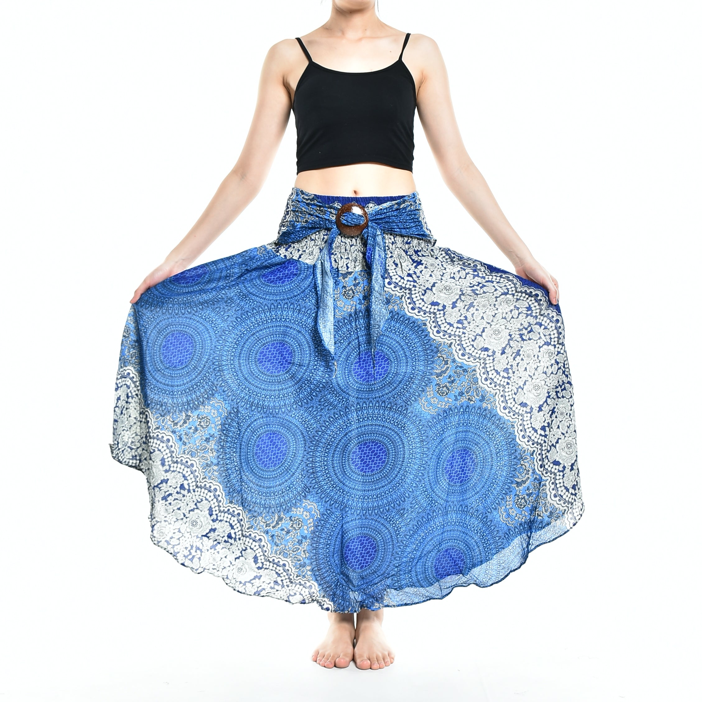 Bohotusk Blue Marble Long Skirt featuring a coconut buckle and elasticated smocked waist, styled as a strapless dress.