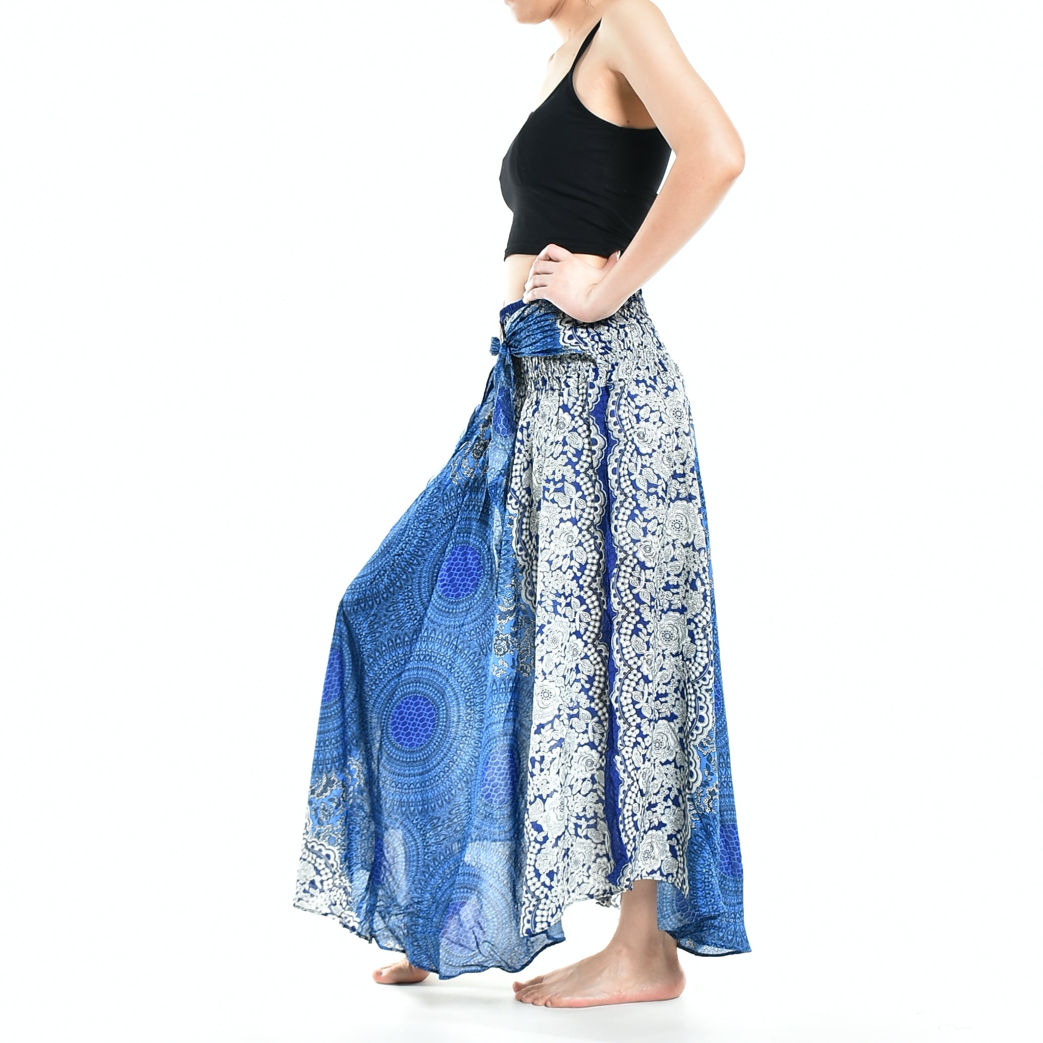 Bohotusk Blue Marble Long Skirt featuring a coconut buckle and elasticated smocked waist, styled as a strapless dress.