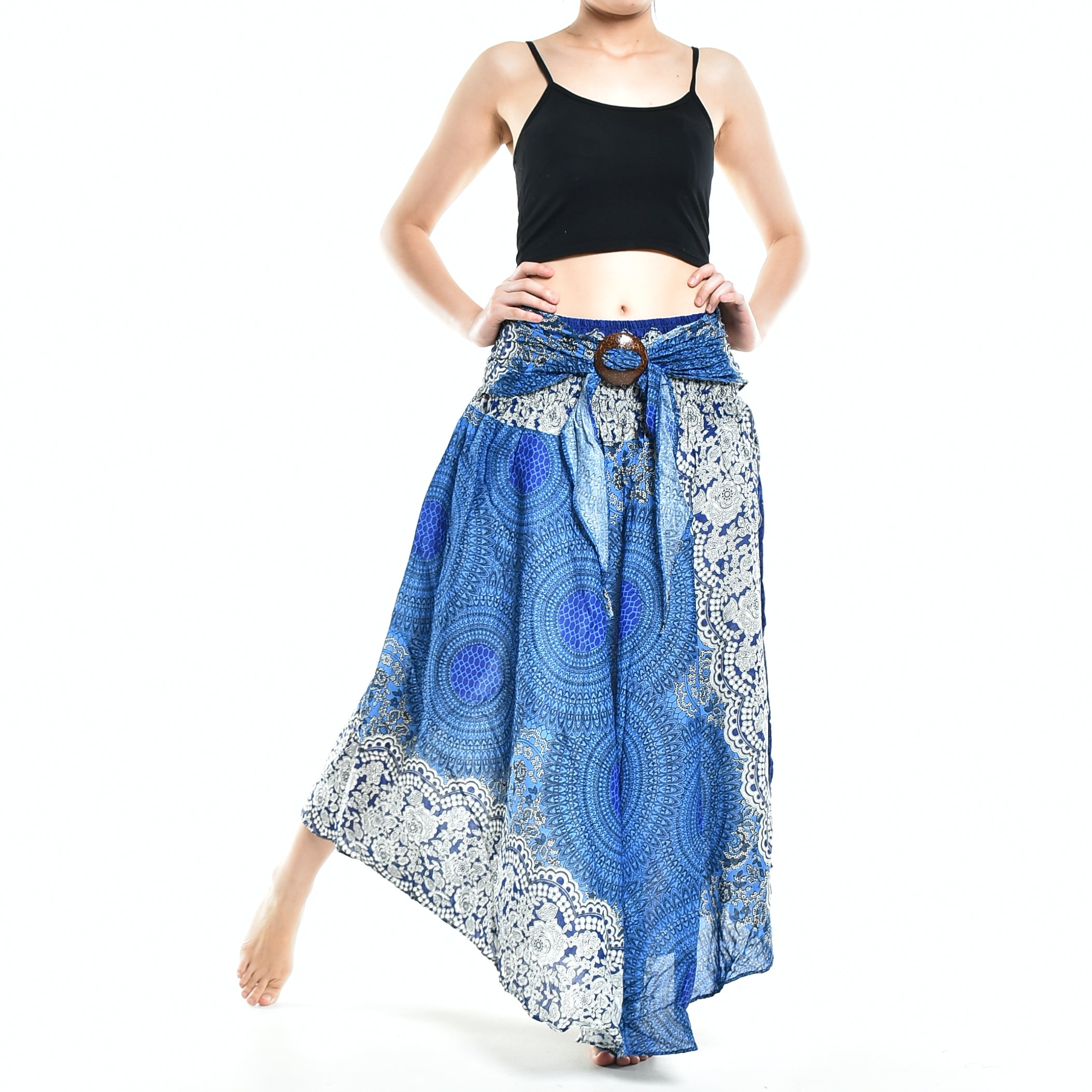 Bohotusk Blue Marble Long Skirt featuring a coconut buckle and elasticated smocked waist, styled as a strapless dress.