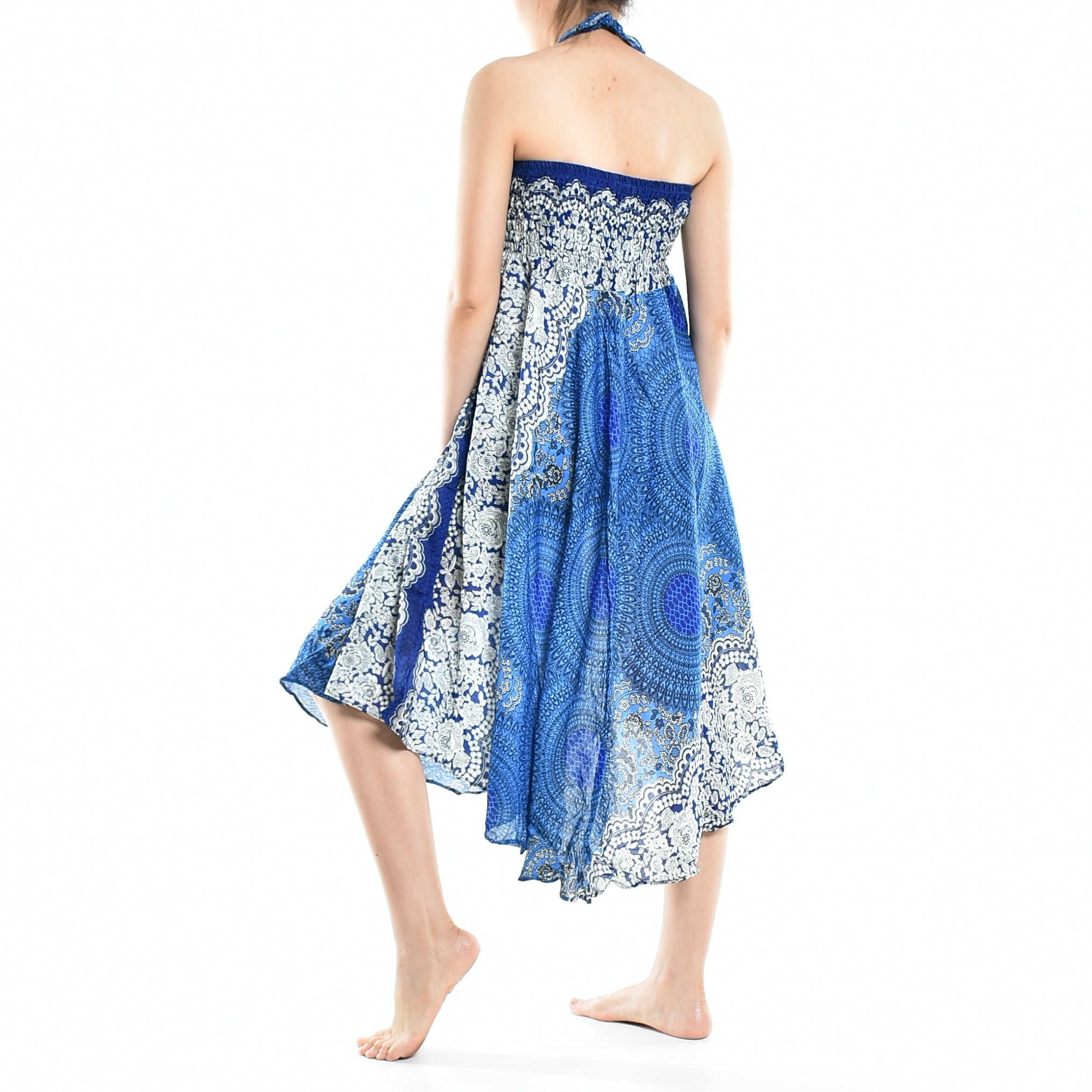 Bohotusk Blue Marble Long Skirt featuring a coconut buckle and elasticated smocked waist, styled as a strapless dress.