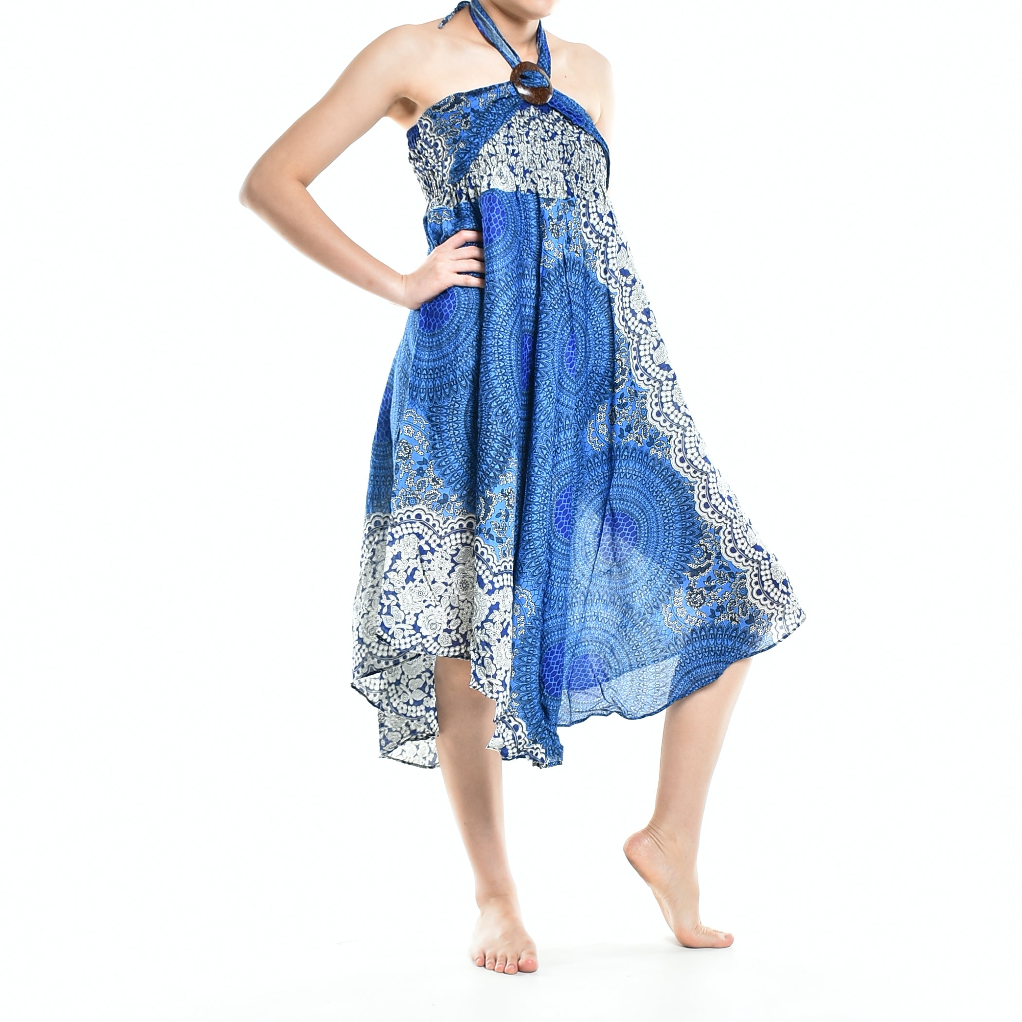 Bohotusk Blue Marble Long Skirt featuring a coconut buckle and elasticated smocked waist, styled as a strapless dress.
