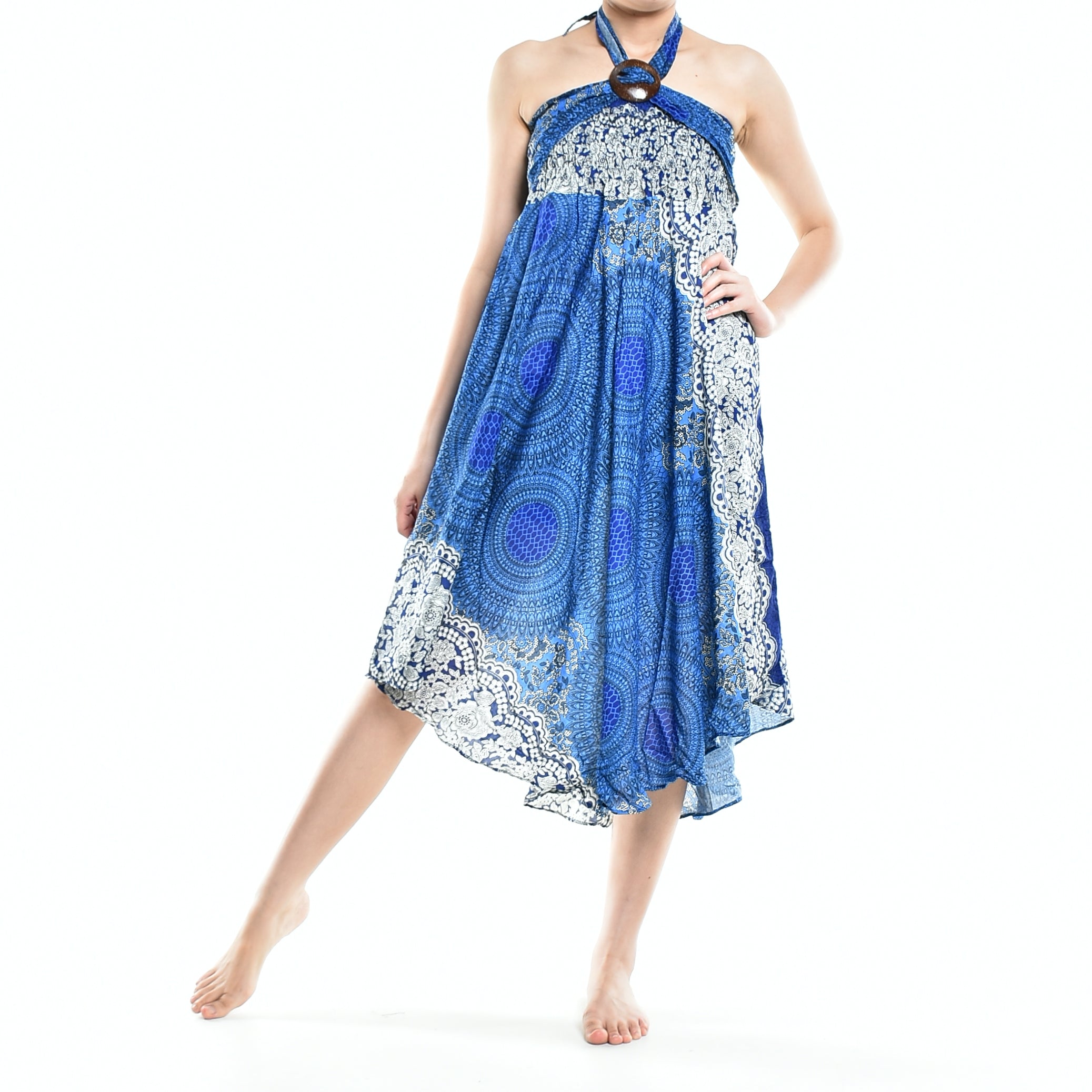 Bohotusk Blue Marble Long Skirt featuring a coconut buckle and elasticated smocked waist, styled as a strapless dress.