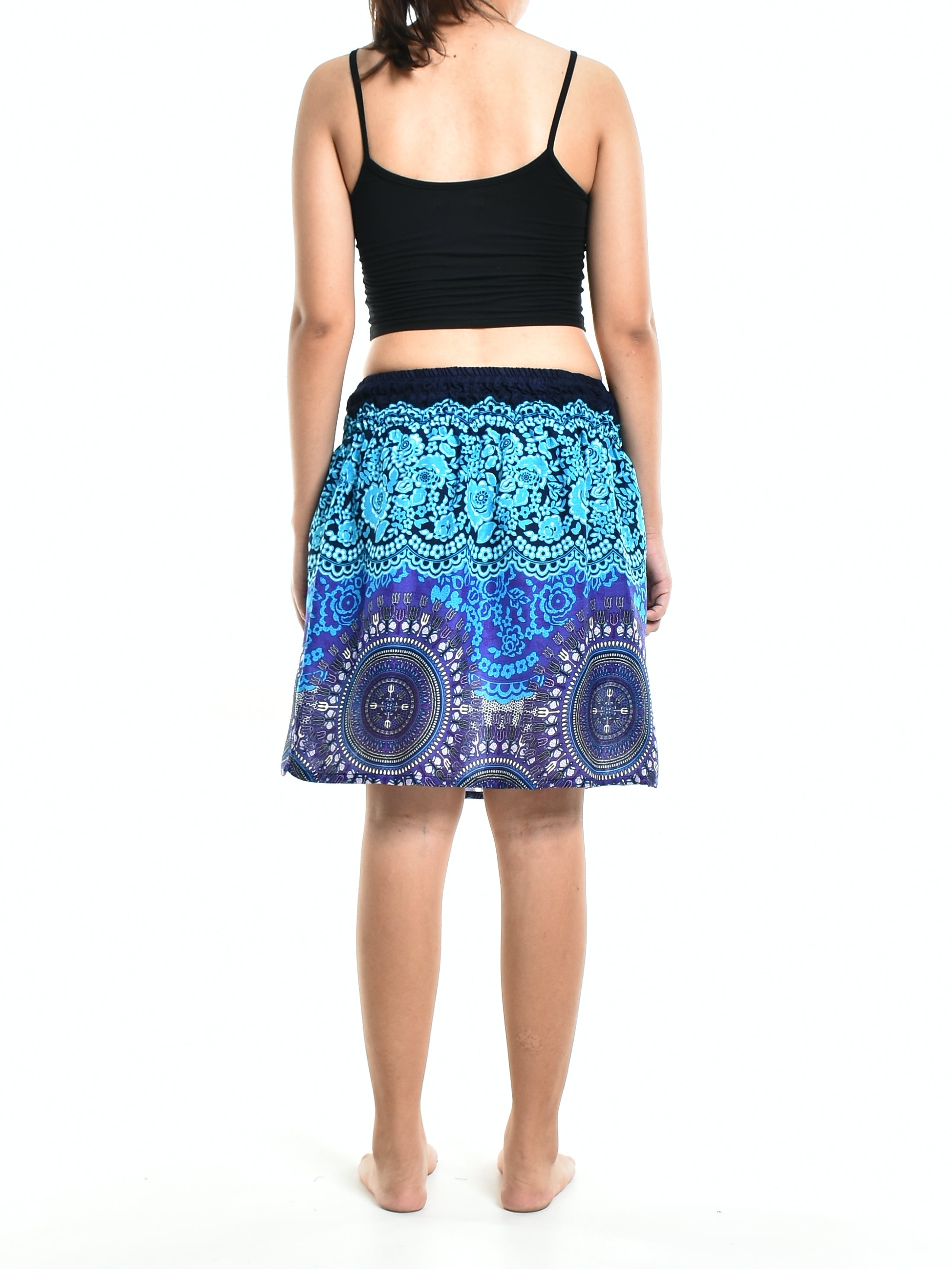 Bohotusk Blue Sun Glow Print Short Skirt featuring an elasticated waist and vibrant print, perfect for summer wear.