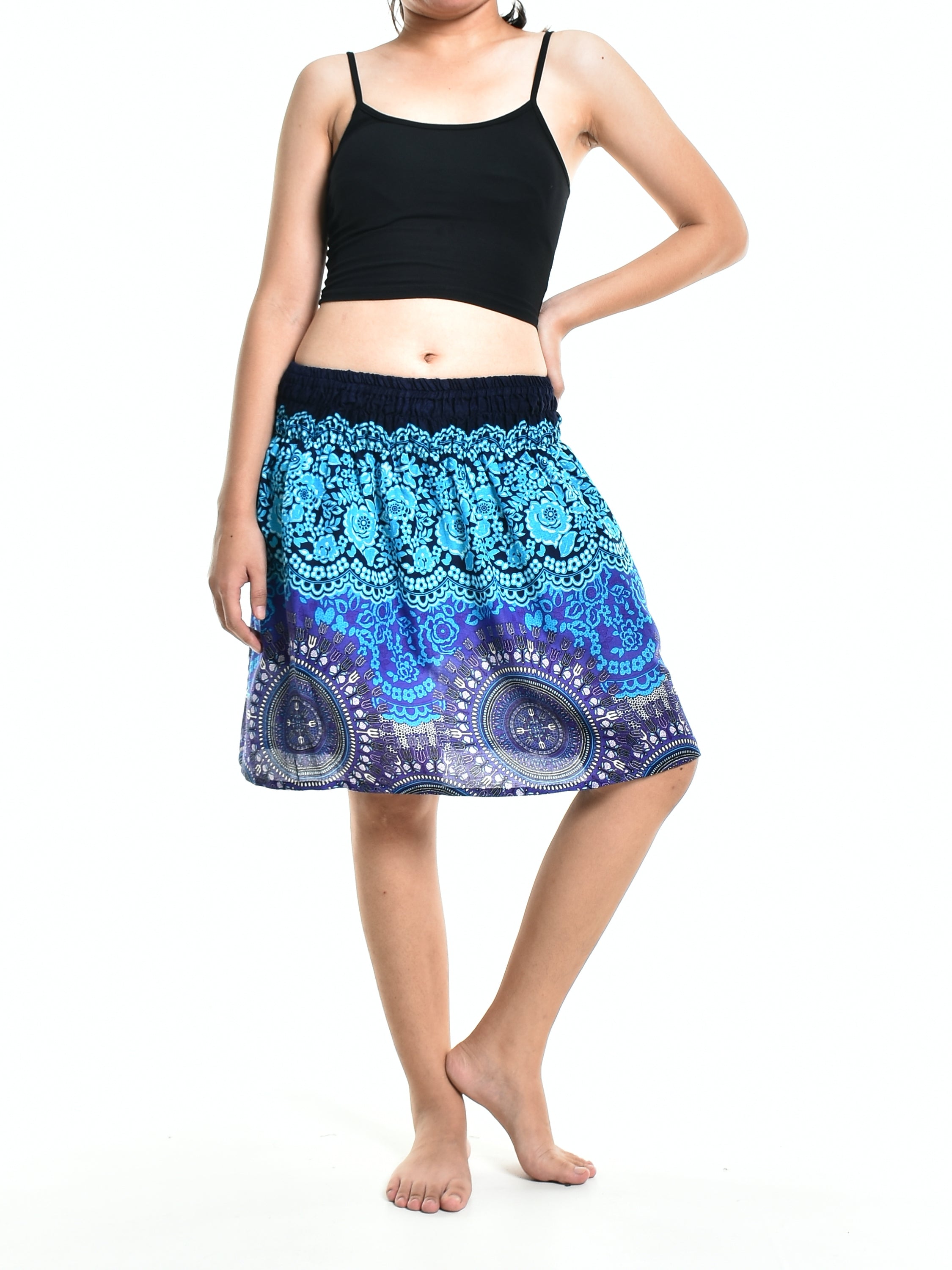 Bohotusk Blue Sun Glow Print Short Skirt featuring an elasticated waist and vibrant print, perfect for summer wear.