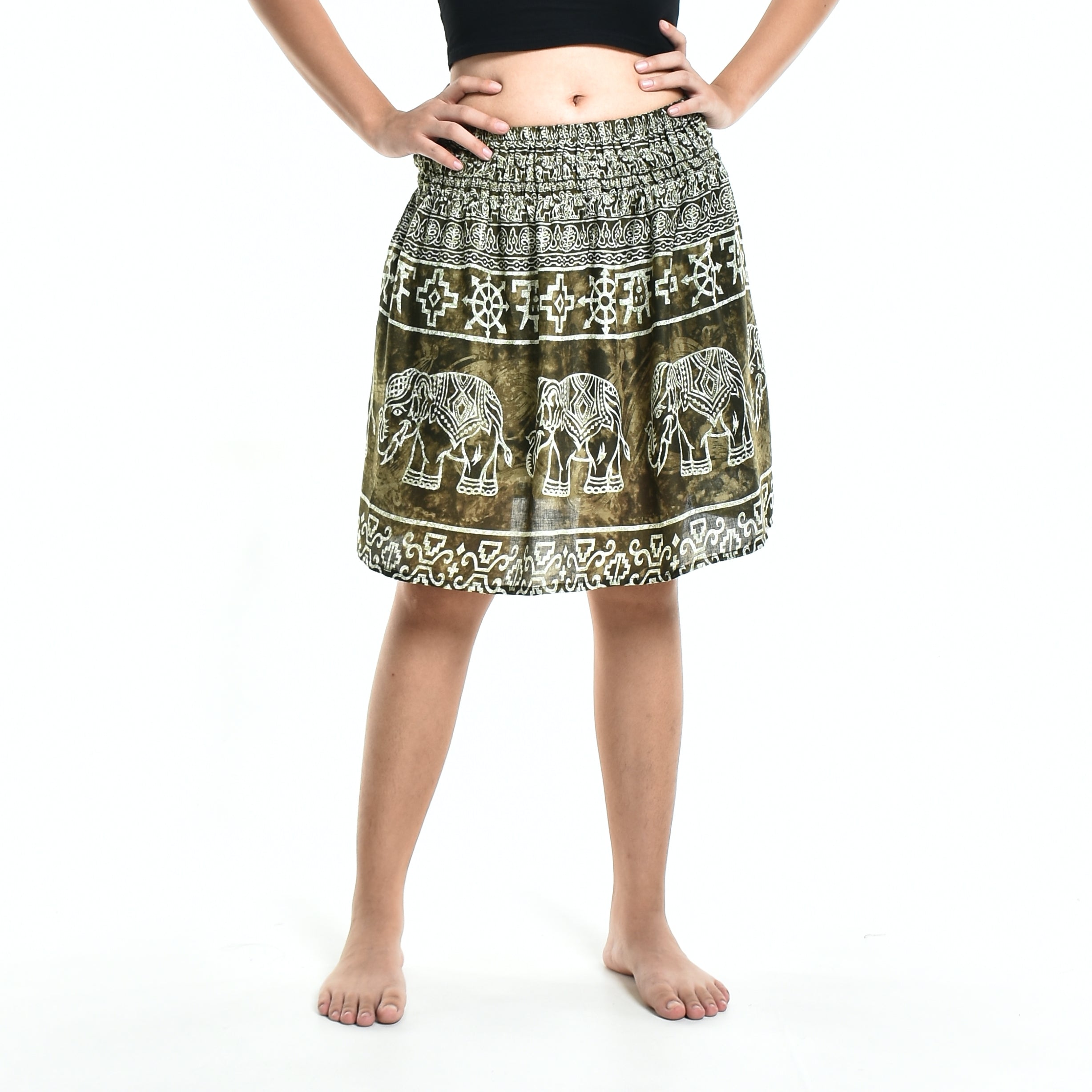 Bohotusk Olive Green Amboseli Elephant Print Short Skirt displayed on a mannequin, showcasing its stylish design and comfortable fit.