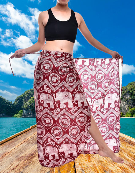Bohotusk Red Elephant Paradise Sarong featuring vibrant elephant print, made from soft Royal Thai Rayon, perfect for beachwear.