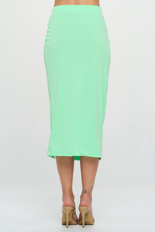 A stylish Made in USA midi skirt featuring a front knot and slit, perfect for casual or formal occasions.