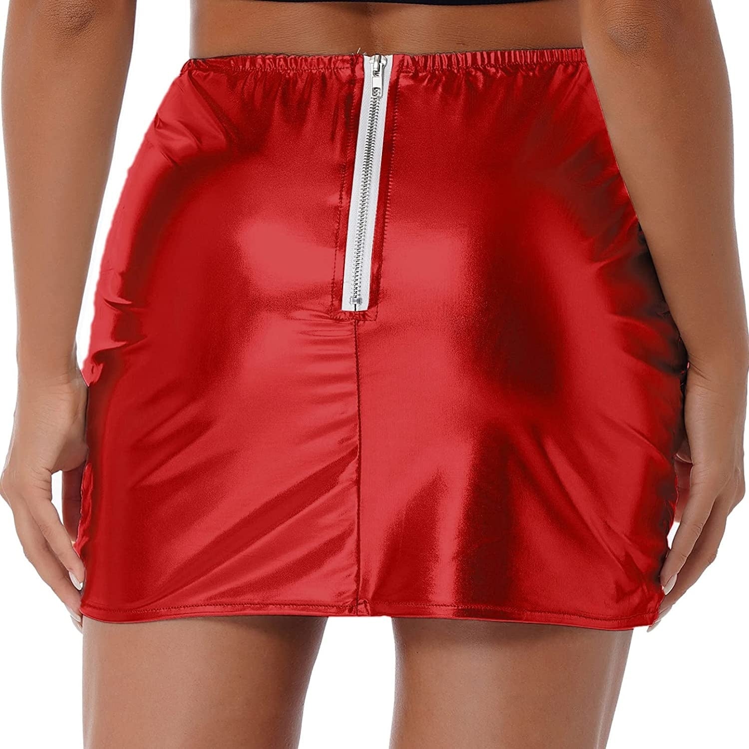 A stylish women's metallic shiny A-line mini skirt, perfect for winter, featuring a warm quilted design and a zipper closure at the back.