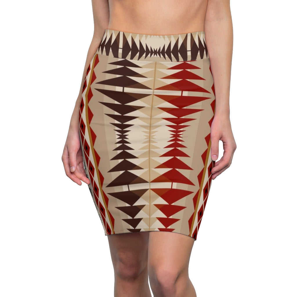 A stylish women's high-waisted mini pencil skirt in multi-brown, showcasing its sleek design and elastic waistband.