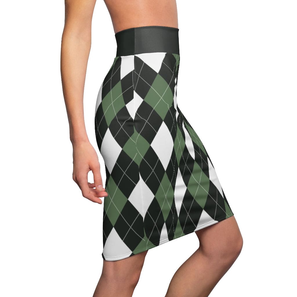 Women's green and white argyle pencil skirt showcasing a stylish design with a comfortable fit and elastic waistband.