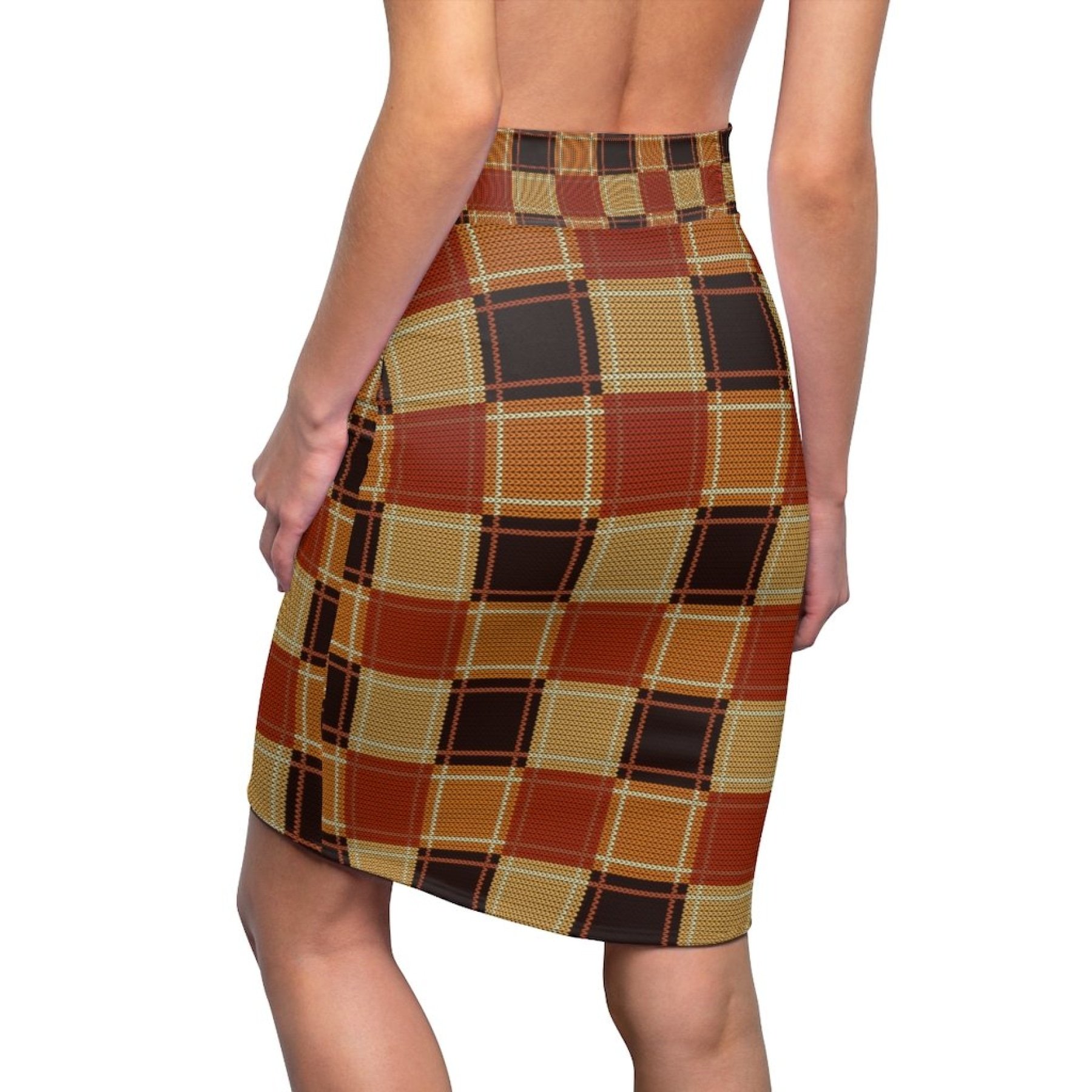 A stylish women's pencil skirt in checker brown pattern, featuring a high waist and stretch fabric for a comfortable fit, perfect for various occasions.